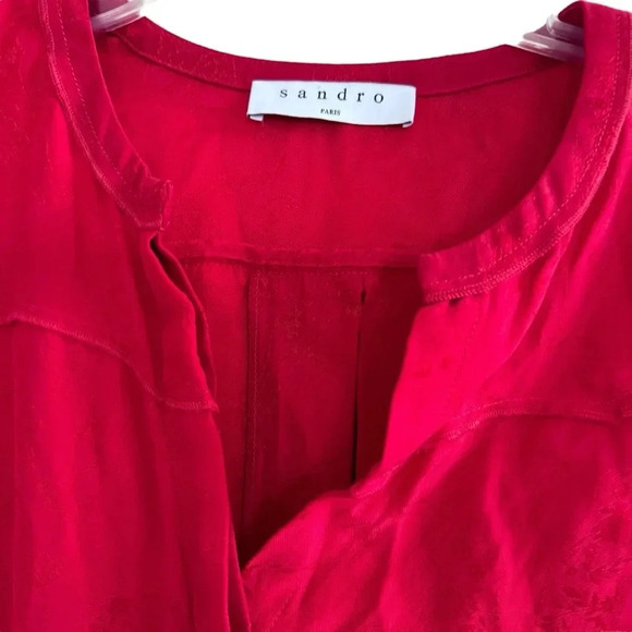 Sandro Paris Red Dress Midi V-neck long sleeve Floral FR 1 / Small US RTR - Picture 3 of 16
